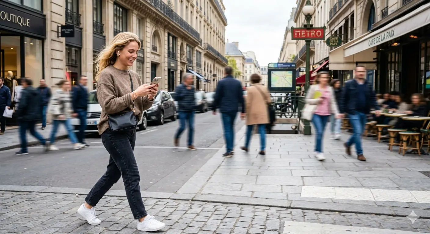 Femme utilisant l'application Tchatche mobile en déplacement.