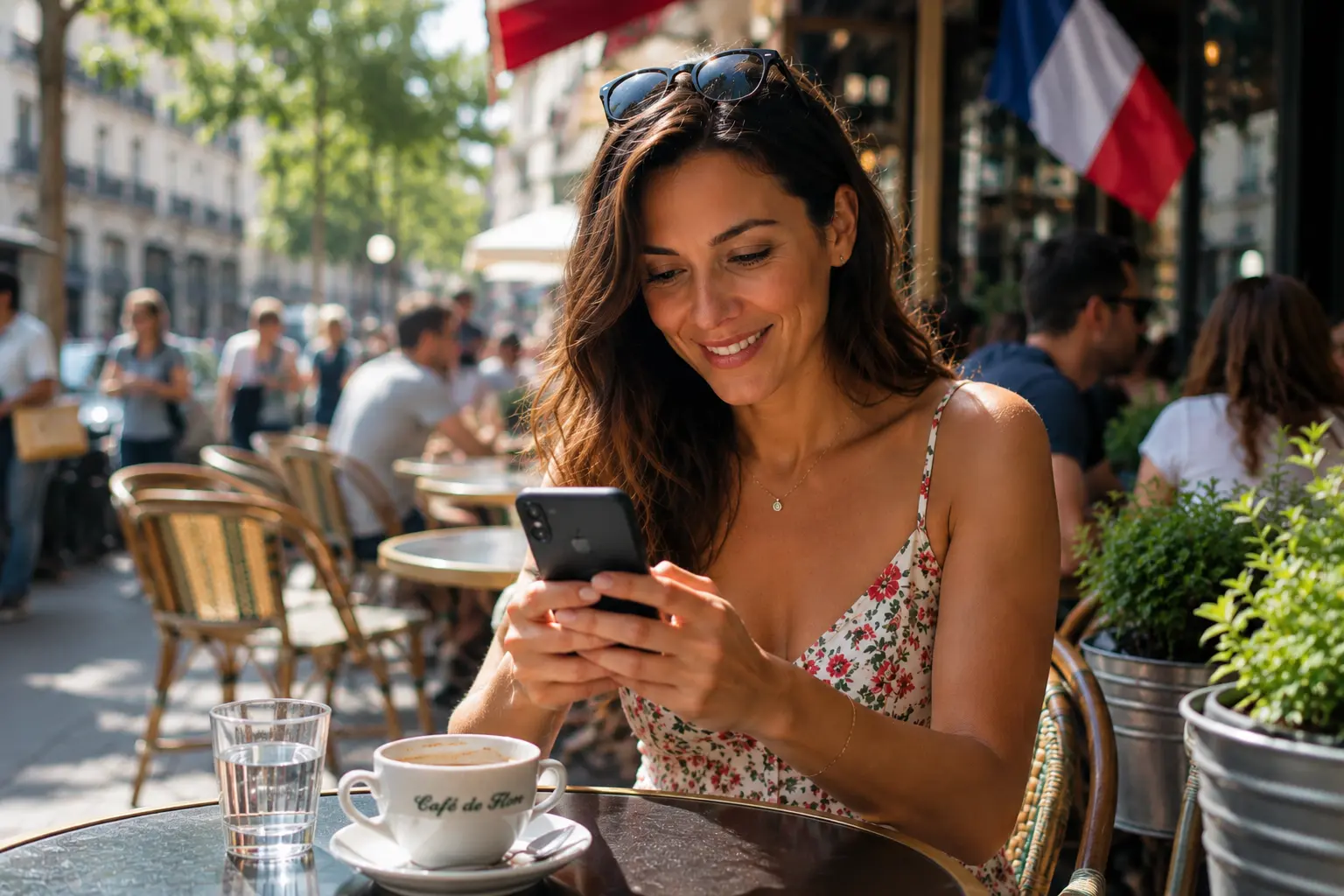 femme utilisant un chat français pour discuter avec des personnes à proximité