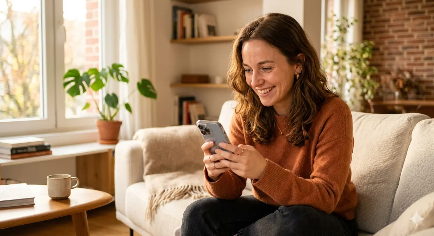 Jeune femme souriante discutant sur le chat gratuit depuis son mobile