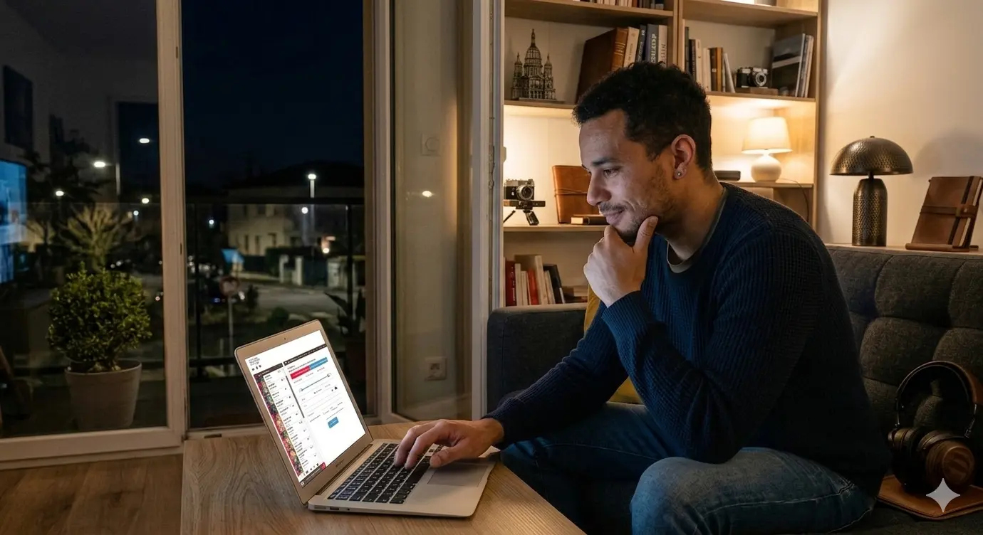 Homme qui discute gratuitement en ligne sur son pc portable