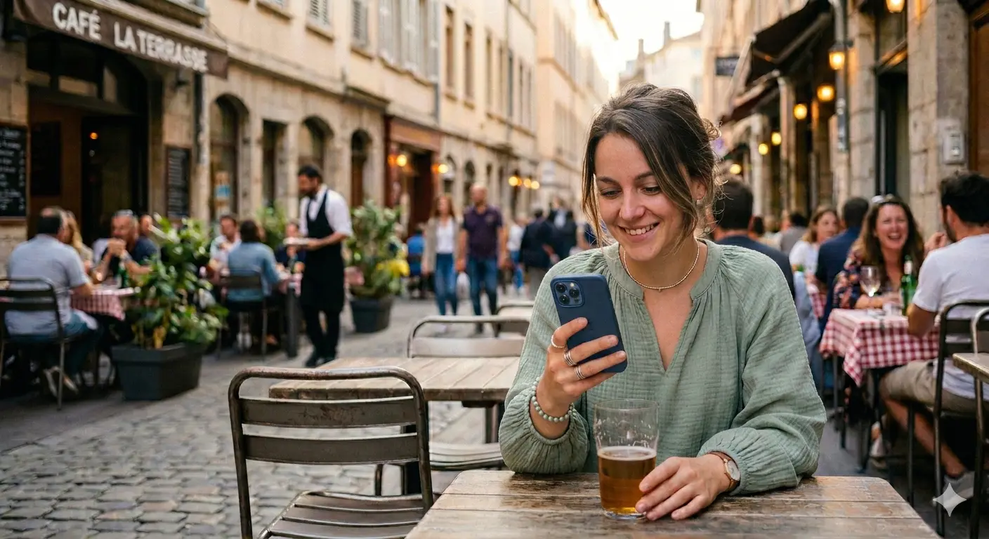 Personne discutant sur un chat en ligne depuis une terrasse à Lyon