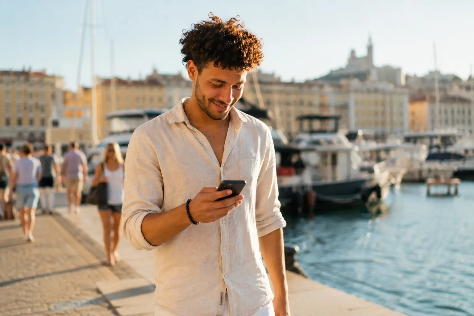 Homme connecté sur un chat en ligne au Vieux-Port de Marseille