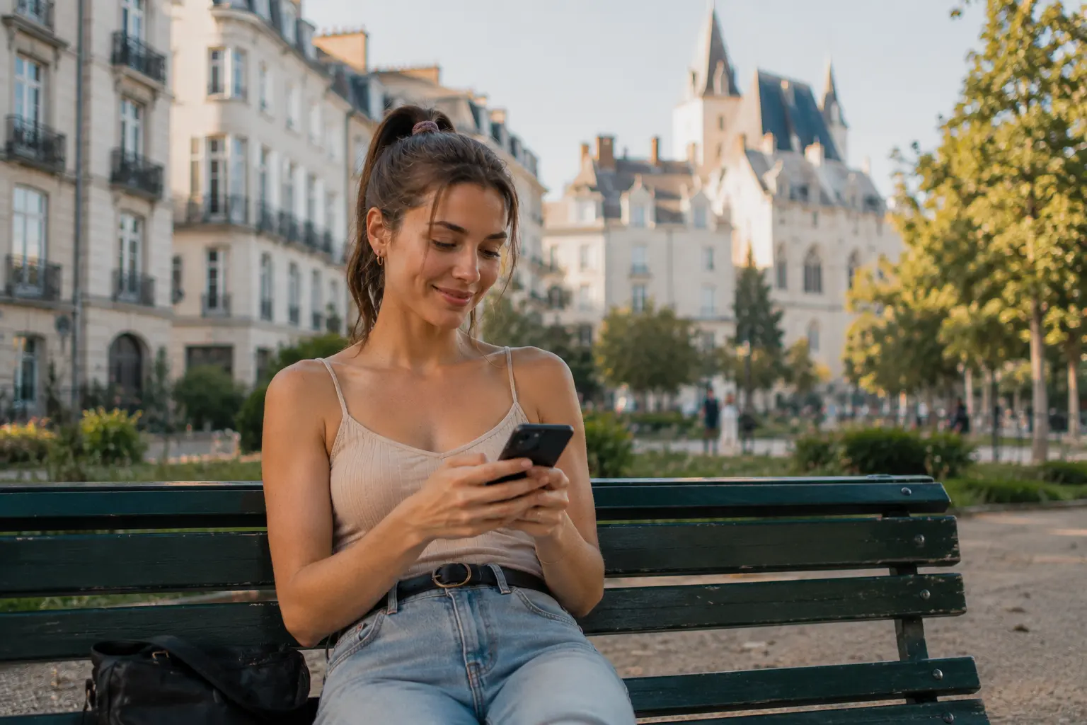 jeune femme discutant sur un chat en ligne dans un parc à nantes