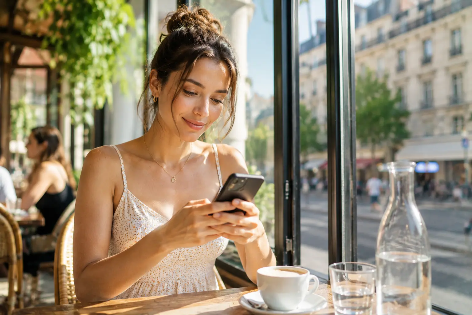 jeune femme discutant sur un chat en ligne depuis un café à Paris