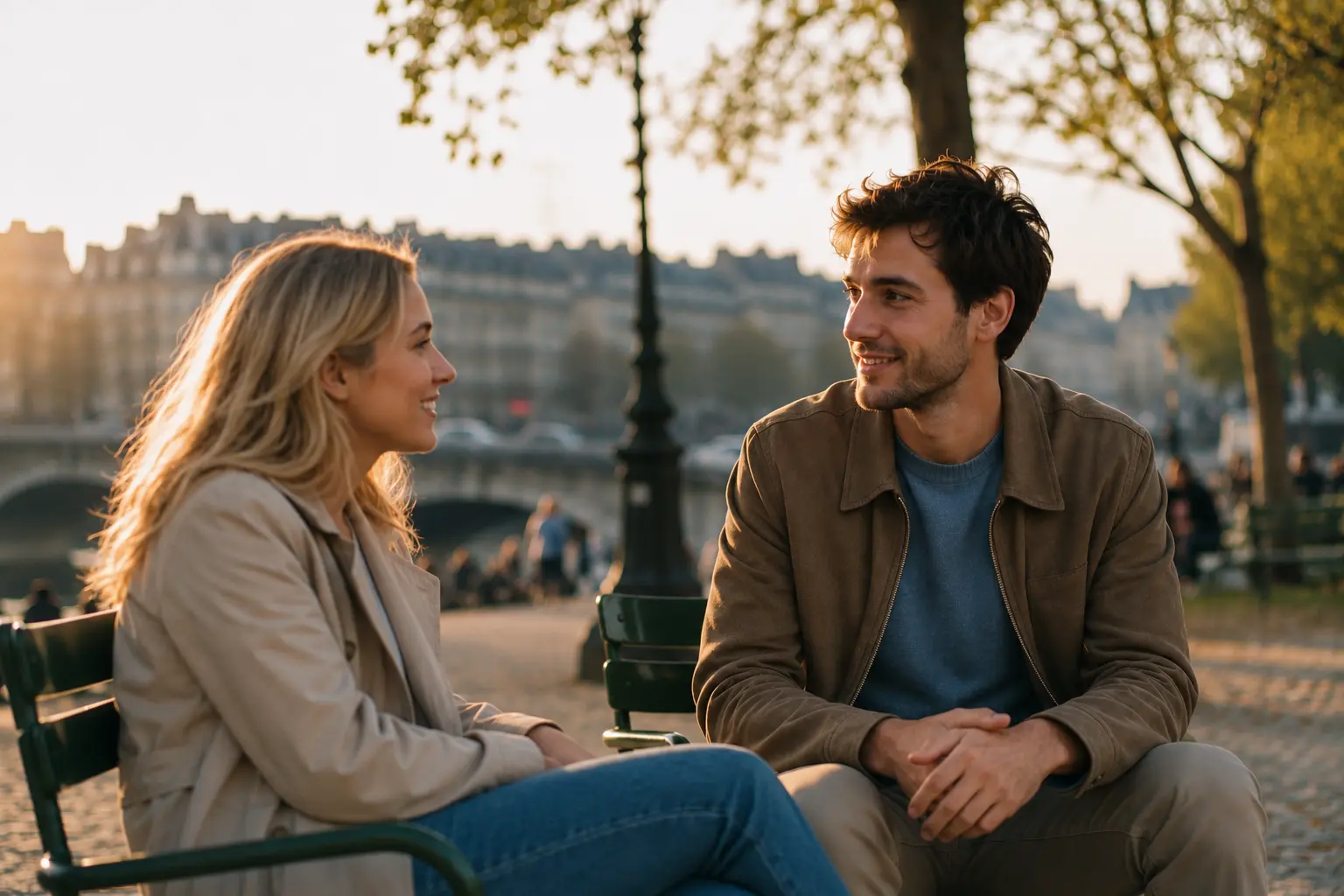 Première rencontre entre deux personnes dans un parc à Paris