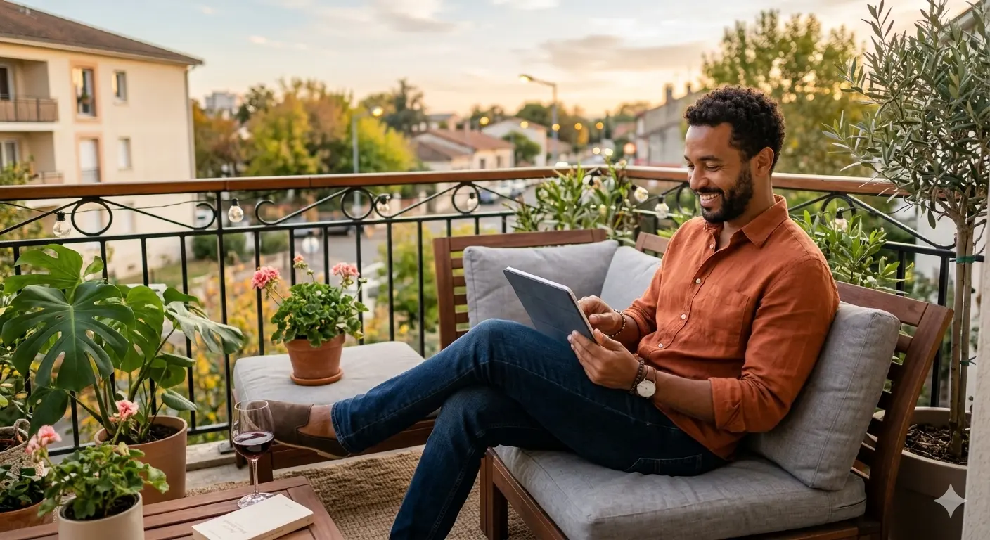 Homme souriant en train de discuter en ligne sur sa tablette.