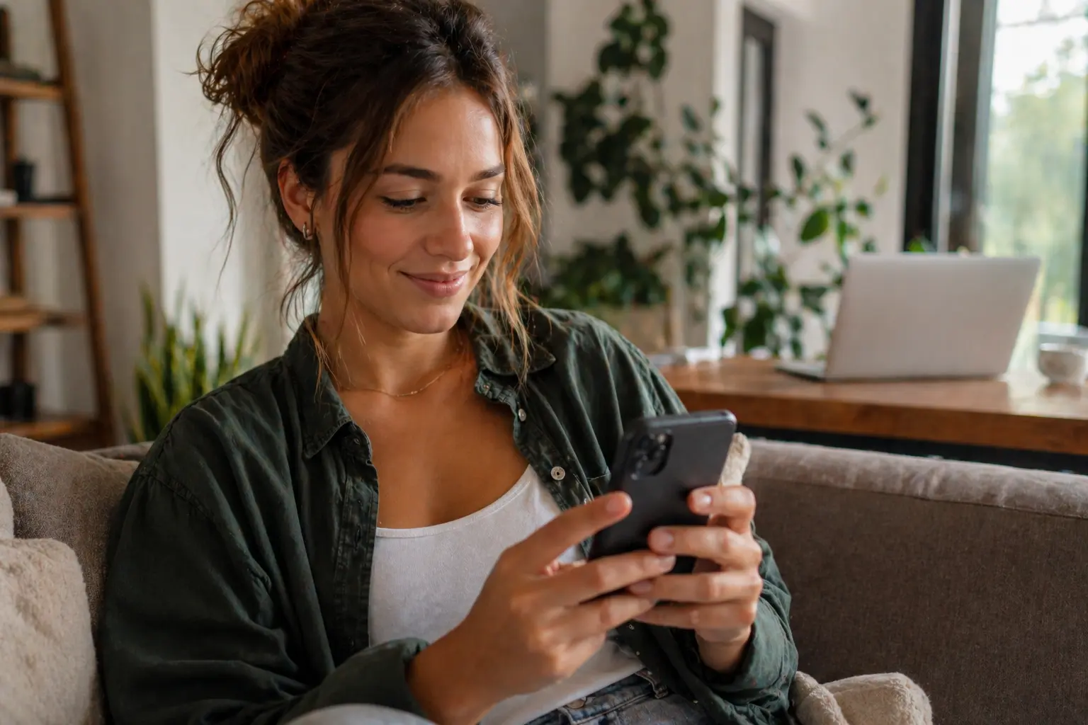 femme utilisant une application de rencontre en ligne gratuite depuis chez elle