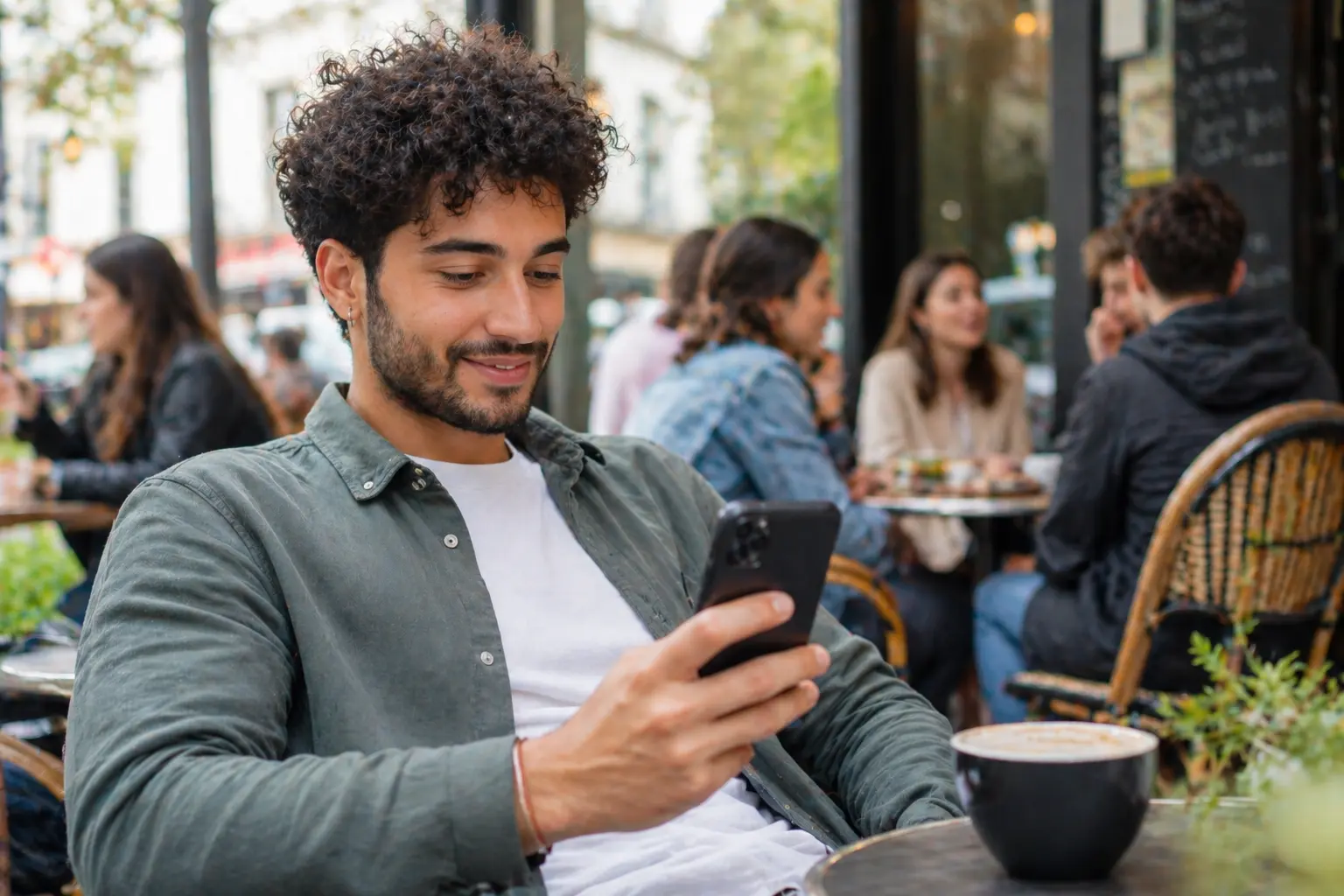 homme consultant un site de rencontre en ligne gratuite depuis un café