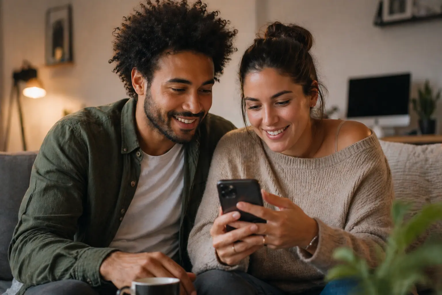 couple en train de discuter après une rencontre gratuite en ligne sur smartphone