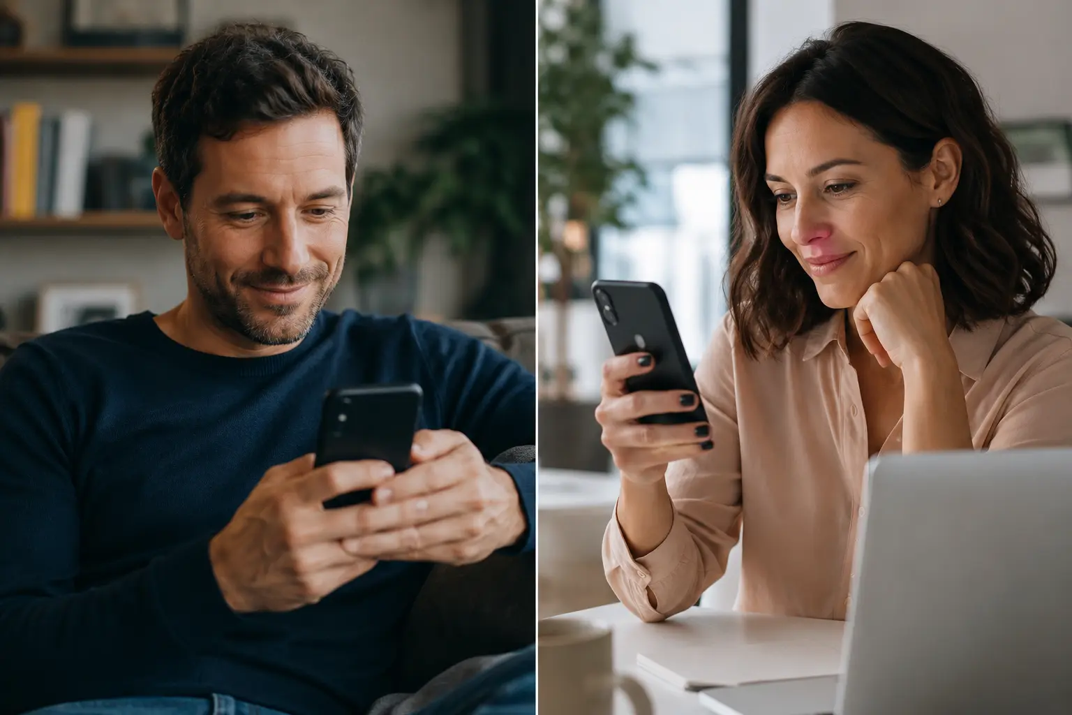 homme et femme échangeant sur un site de rencontre sérieux depuis leur smartphone