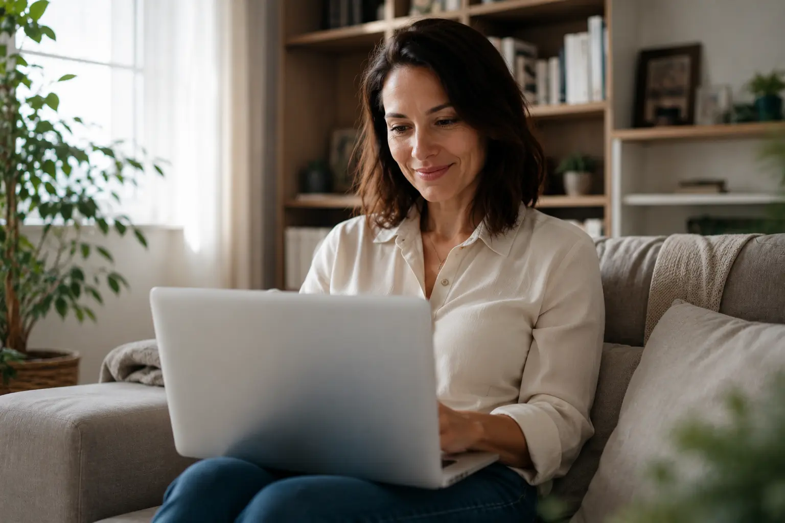 femme discutant sur un site de rencontre sérieux dans un salon moderne