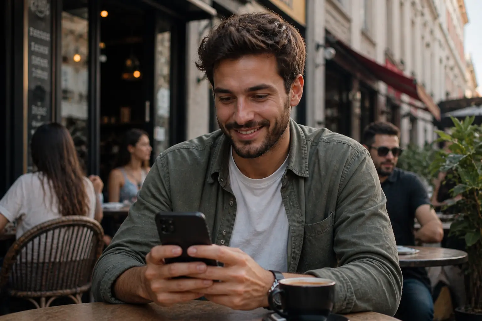 Utilisation du chat web instantané sur mobile en terasse d'un café